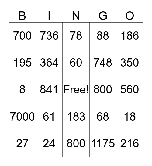 MENTAL MATH BINGO Card