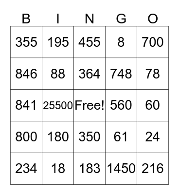 MENTAL MATH BINGO Card