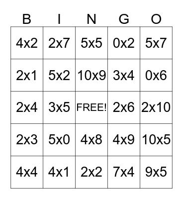 Multiplication Bingo Card