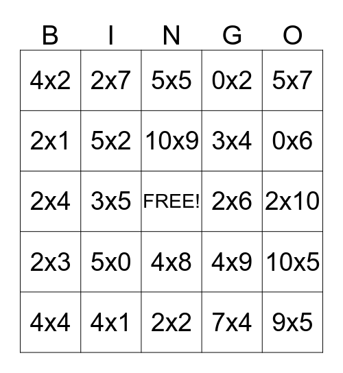 Multiplication Bingo Card