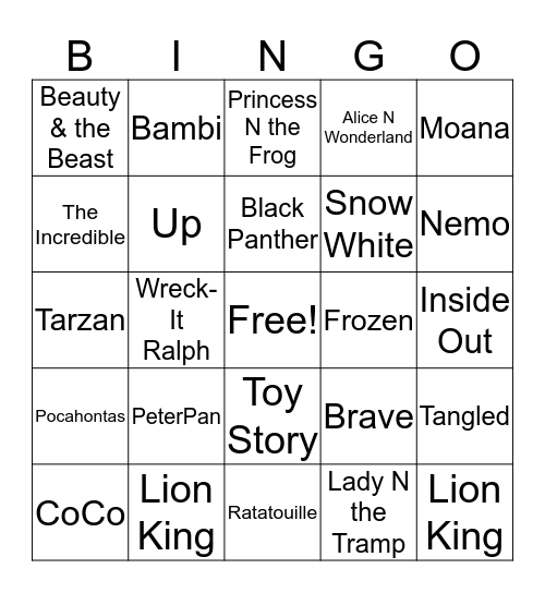 Disney Bingo Challenge Bingo Card