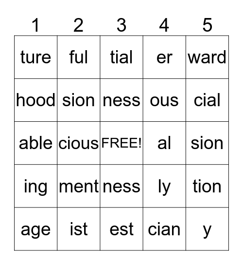 Suffix Bingo Card