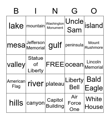 Landforms/US Symbols Bingo Card