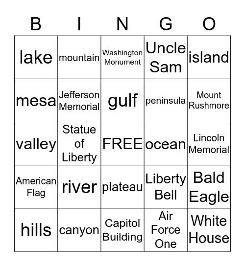 Landforms/US Symbols Bingo Card