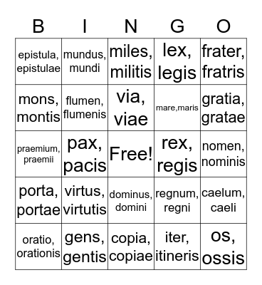 Latin Nouns Bingo Card