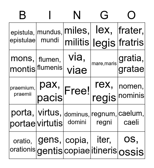 Latin Nouns Bingo Card