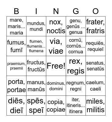 Latin Nouns Bingo Card