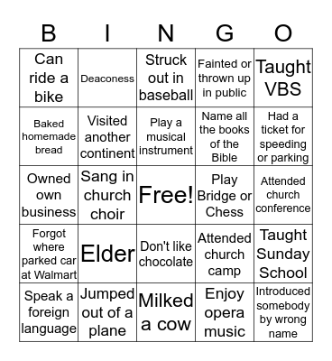 Life Experiences Bingo Card