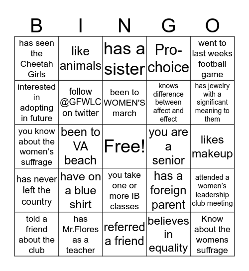 Womens leadership club bingo! Bingo Card