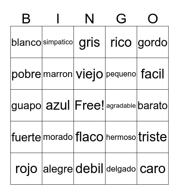 Spanish Adjectives Bingo Card