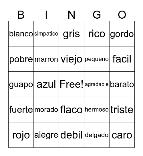 Spanish Adjectives Bingo Card