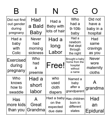 Baby Bingo Card