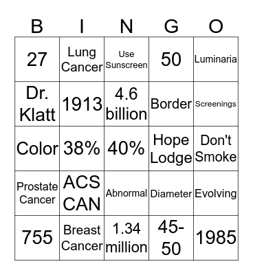 Colleges Against Cancer Bingo Card