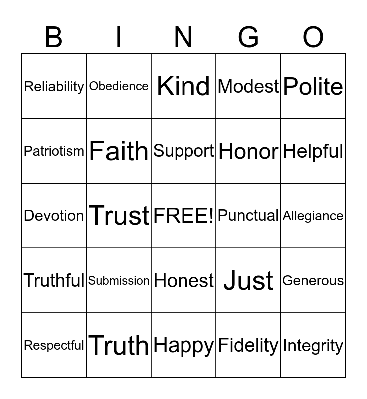 Good Character Traits Bingo Card