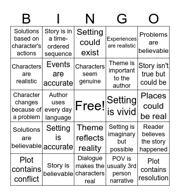 Realistic Fiction Bingo Card