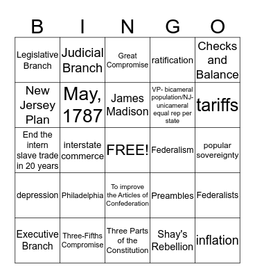 The Constitutional Convention- Unit 2 Chapter 5 Section 3 Bingo Card