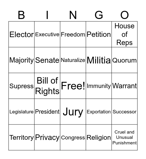 Constitution Day Bingo Card