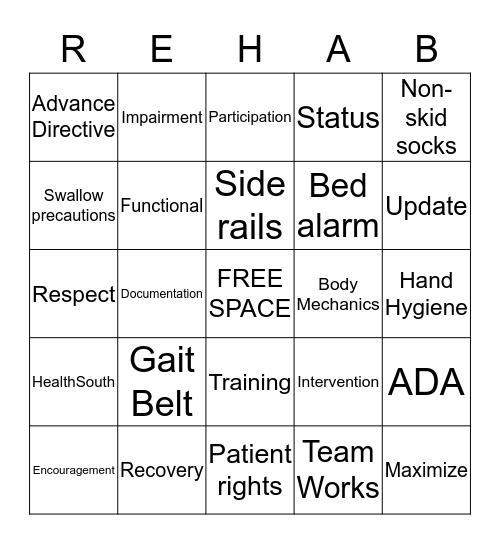 Rehab Bingo Card