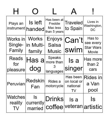 HOLA Mingle Bingo Card