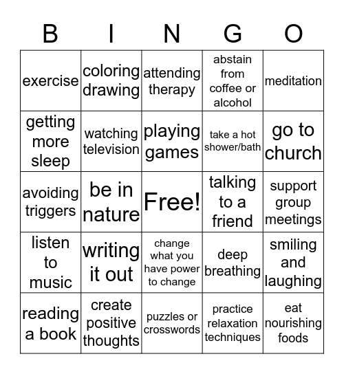 Coping Skills Bingo Card