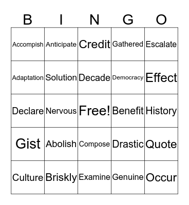 Word List Bingo Week 2 Bingo Card