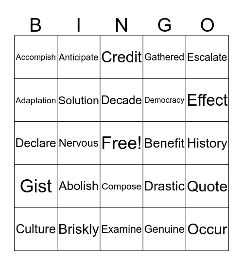 Word List Bingo Week 2 Bingo Card