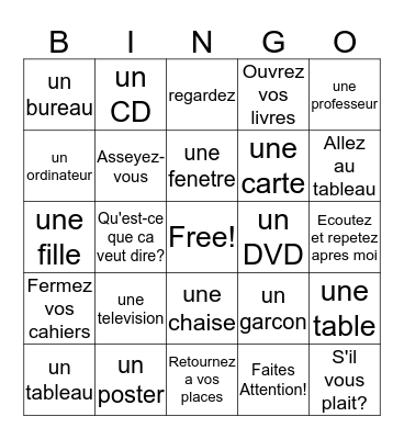 La Salle De Classe and Command Vocabulary Bingo Card