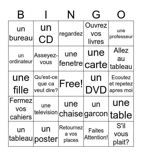 La Salle De Classe and Command Vocabulary Bingo Card