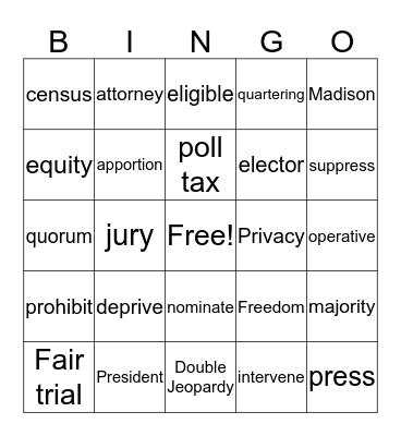 US Constitution Bingo Card