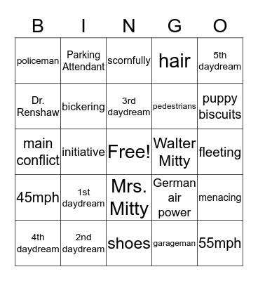 "The Secret Life of Walter Mitty" Bingo Card