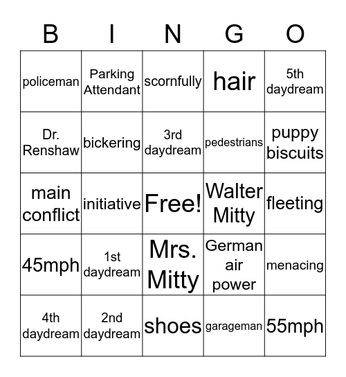 "The Secret Life of Walter Mitty" Bingo Card