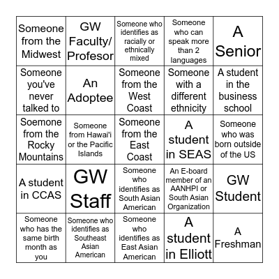 GWU AANHPI Mixer Bingo Card