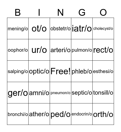 Medical Terminology Bingo Card