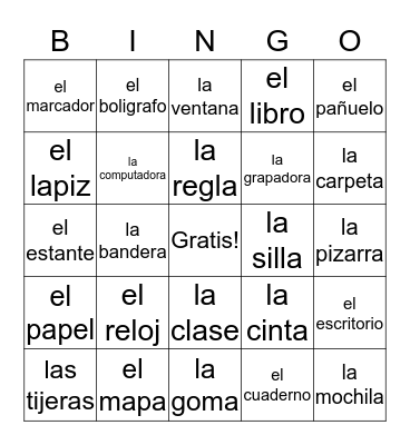 Spanish Classroom Objects Bingo Card