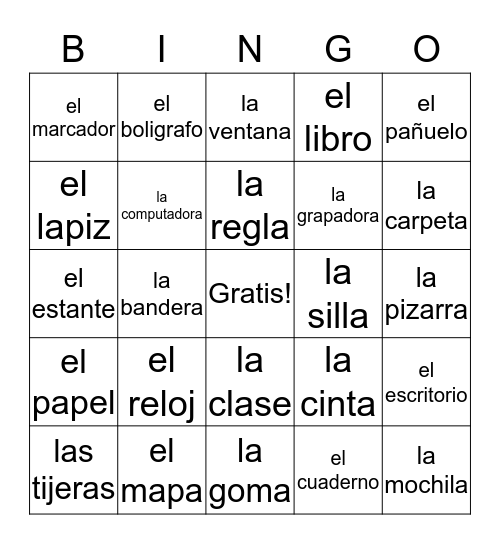 Spanish Classroom Objects Bingo Card