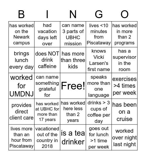 UBHC Bingo Card