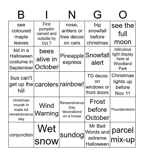 FALL AND WINTER BINGO CARD 1 Bingo Card