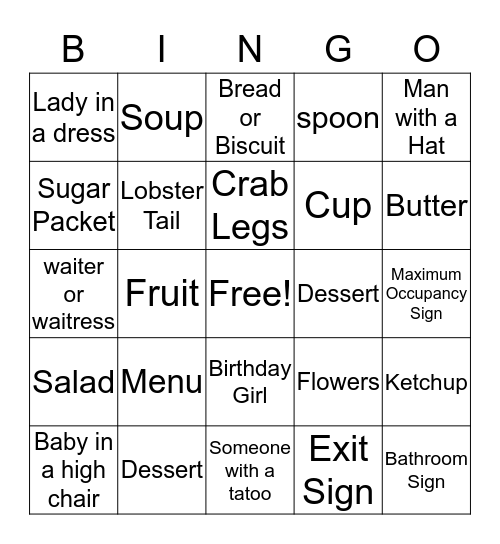 Wendy's Red Lobster Bingo Card