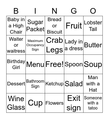 Wendy's Red Lobster Bingo Card