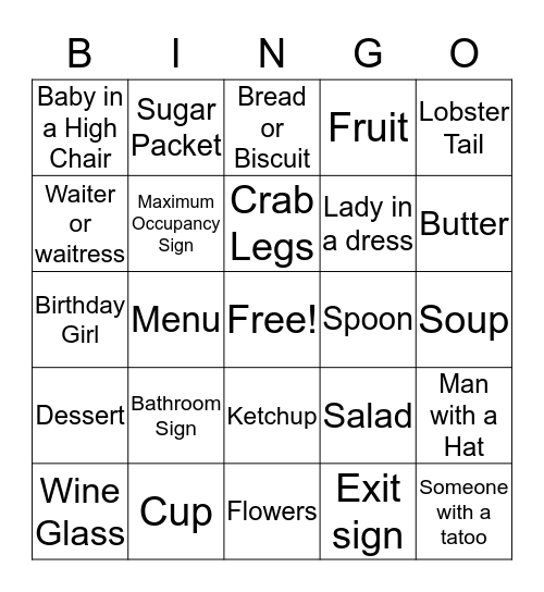 Wendy's Red Lobster Bingo Card