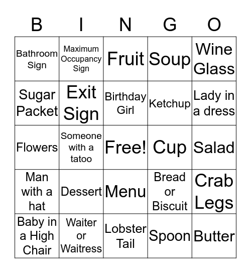 Wendy's Red Lobster Bingo Card