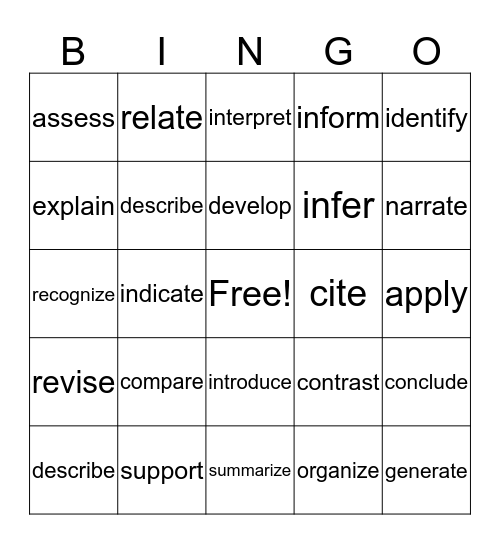 Academic Vocabulary Bingo Card