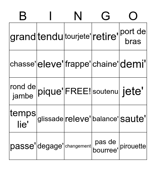 Ballet Bingo Card