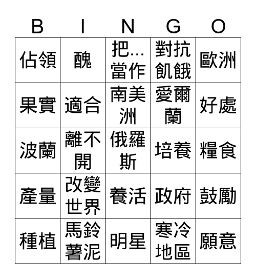 改變世界的馬鈴薯 Bingo Card