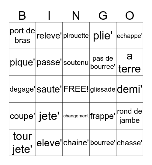 Ballet Bingo Card