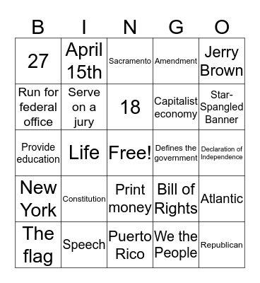 US Assorted Bingo Card