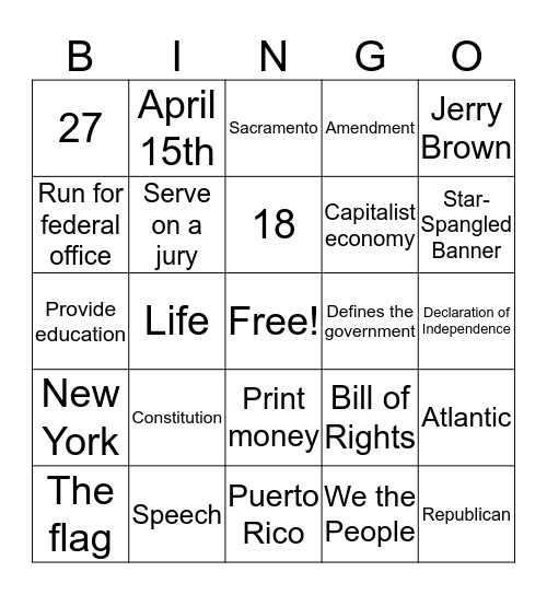 US Assorted Bingo Card