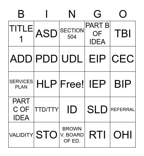 SPED Bingo Card
