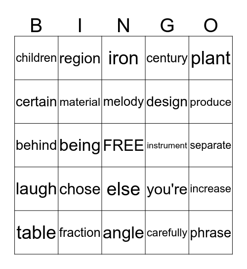 STAR WORDS Bingo Card