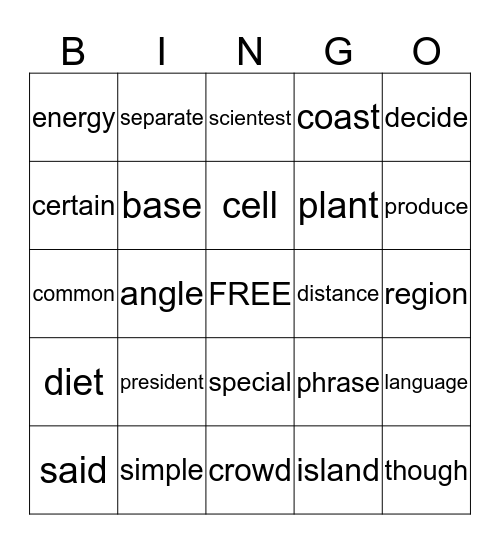 STAR WORDS Bingo Card